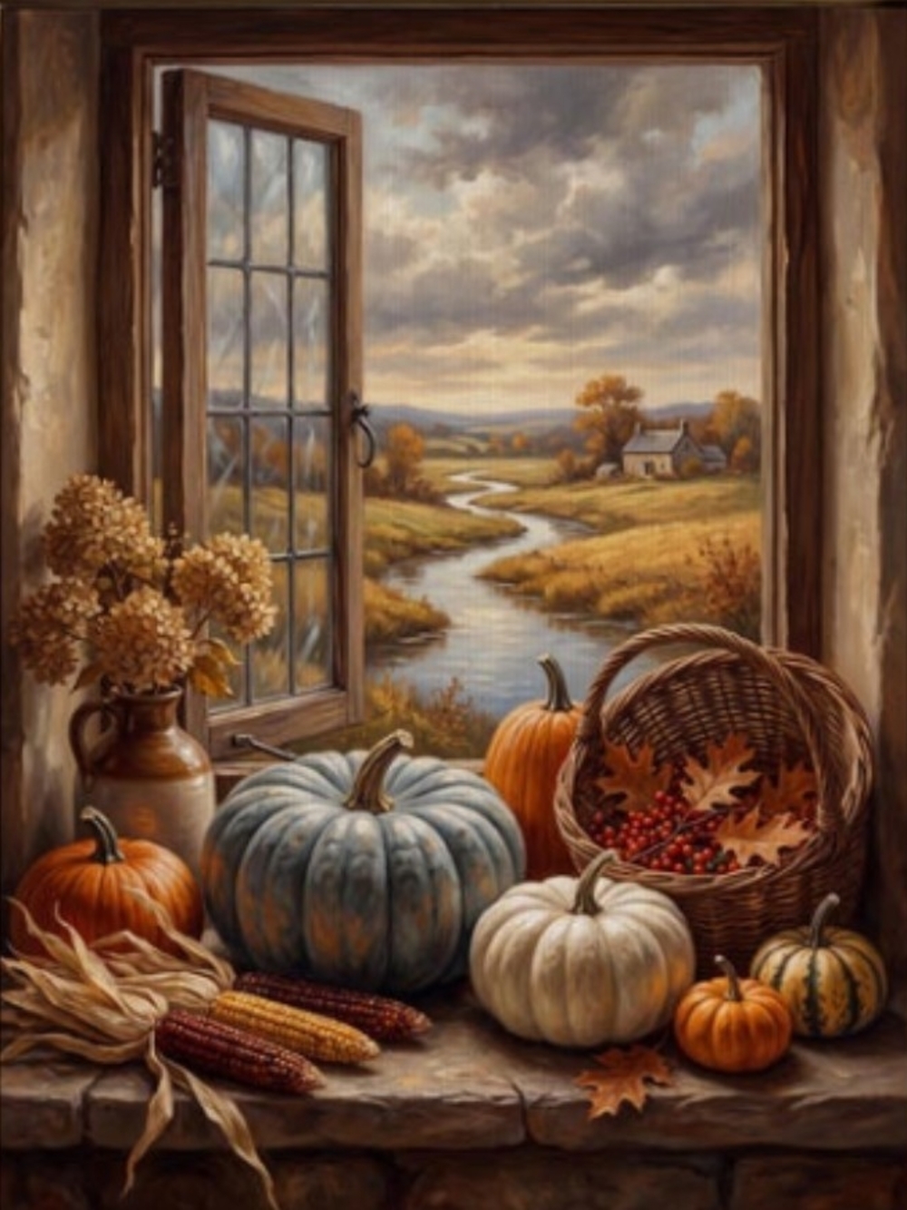 Autumn Window Harvest Home Art Print - Rustic Fall Still Life 8x10 Print